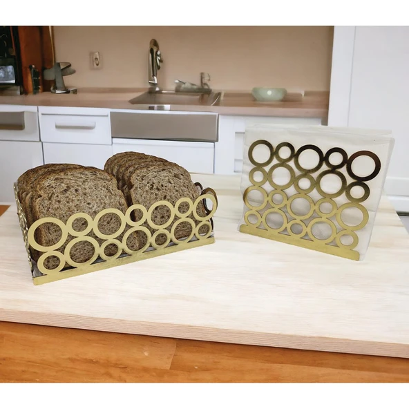 Gold Renk 2'li Set Ekmek Sepeti ve Peçetelik - 7