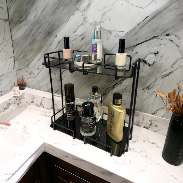 2 Katlı 28x14 Siyah Banyo ve Kozmetik Düzenleyici - Çift Katlı Sunum ve Servis Tepsisi - 2