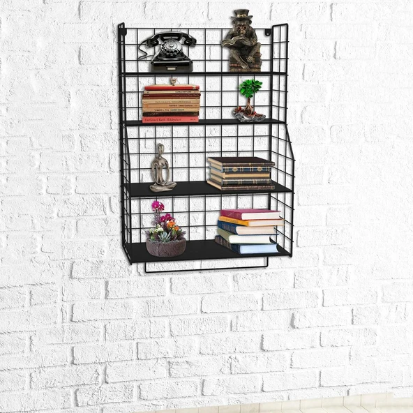 Modern Tasarım 4 Katlı Siyah Duvara Monte Dekoratif Raf - 8