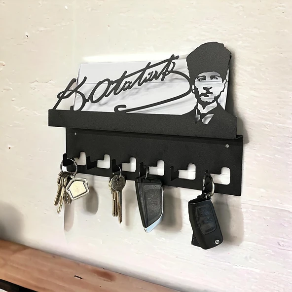 Atatürk Tasarımlı Duvar Askılı Anahtarlık ve Mektup Rafı Model-1 - Siyah - 13