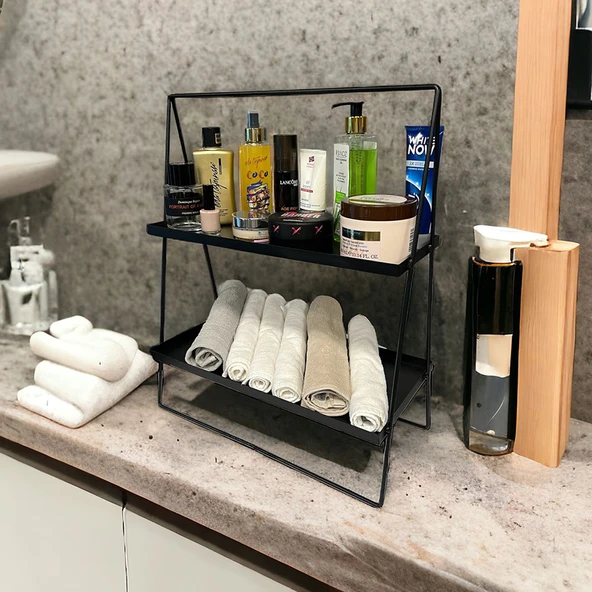 2 Katlı Üçgen Siyah Metal Banyo, Mutfak, Makyaj Organizatörü - Model 2 - 11