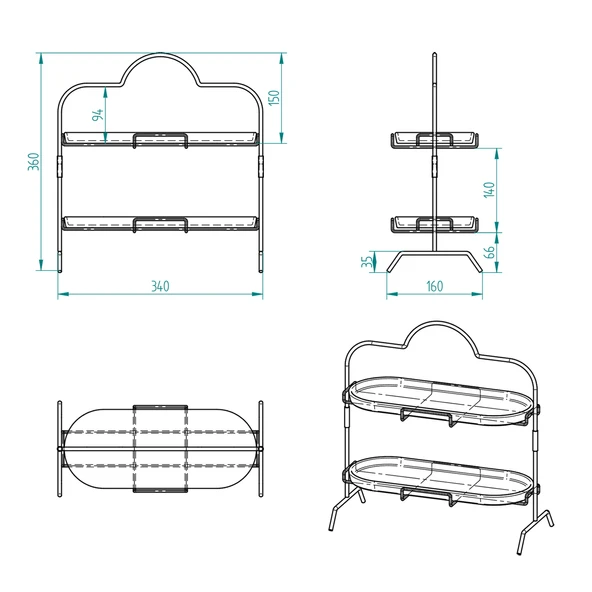 2 Katlı Beyaz Gümüş Zemin Mermer Desenli Melamin 13x32cm Metal Sunum Standı – İkram ve Servis İçin Model 1 Siyah - 3