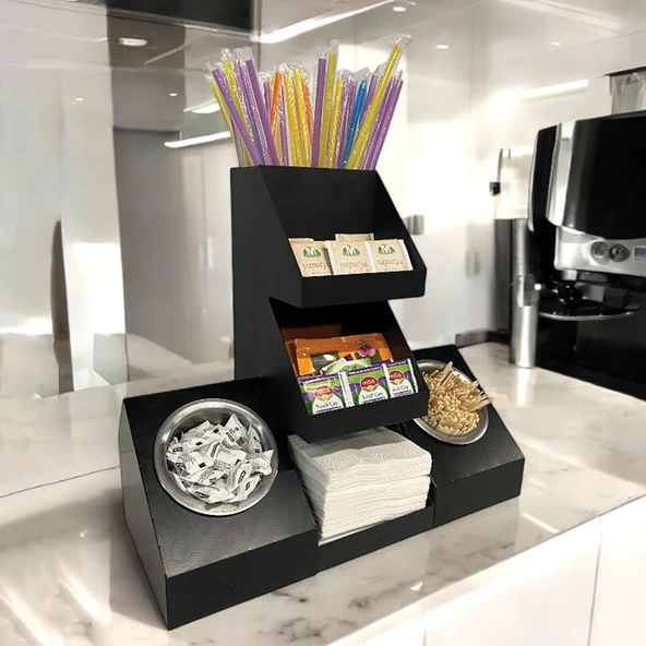 7 Bölmeli Endüstriyel Siyah Tezgah Üstü Düzenleyici Organizer, Çay ve Pipet Raflı Stand - 2