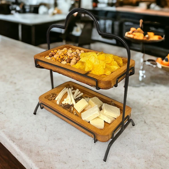 2 Katlı Ahşap Zeminliı 15x27cm Metal Standlı Ahşap Sunum Standı – İkram ve Servis İçin Model 1 Siyah - 4