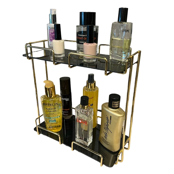 2 Katlı 28x14 Gold Banyo ve Kozmetik Düzenleyici - Çift Katlı Sunum ve Servis Tepsisi - 4