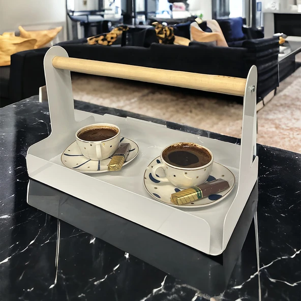 Ahşap Saplı Beyaz 30x17cm Metal Servis, Sunum, Dekoratif Tepsi - 8