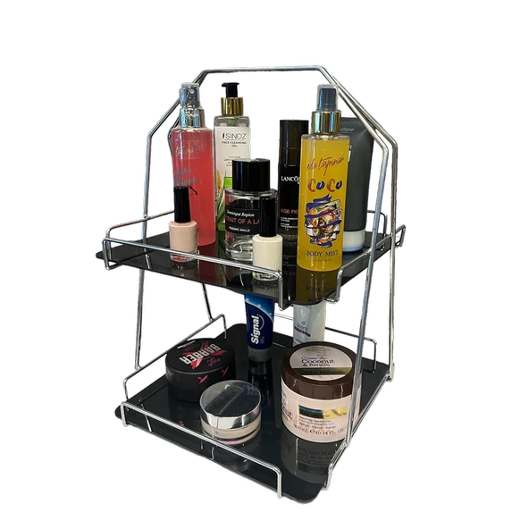 2 Katlı Üçgen Siyah Metal Banyo, Mutfak, Makyaj Organizatörü - Model 3 - 6