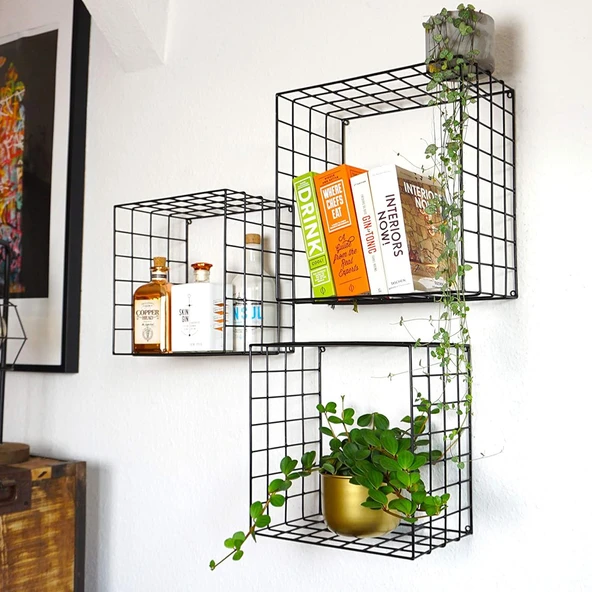 3'lü Set Siyah Tel Hasır Duvar Rafı 35/31/27 - 3