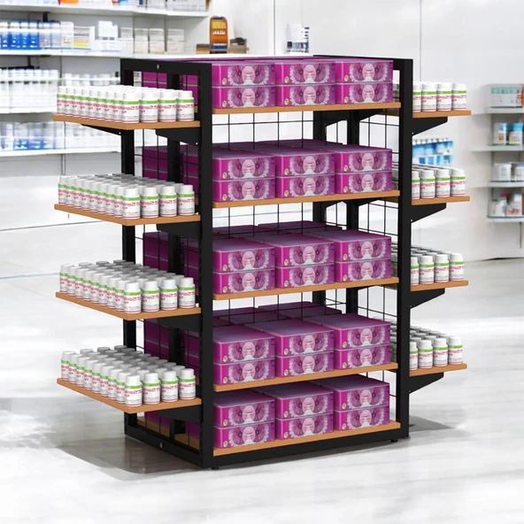 80X60 Dört Taraflı Metal Siyah Stand Bambu Raflı Ve Yan Modül Raflı Set - 3