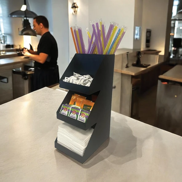 3 Katlı 5 Bölmeli Metal Pipet, Peçetelik, Şekerlik Siyah Organizer Stand Model - 3 - 10