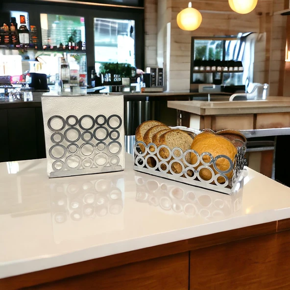 Gümüş Renk 2'li Set Ekmek Sepeti ve Peçetelik