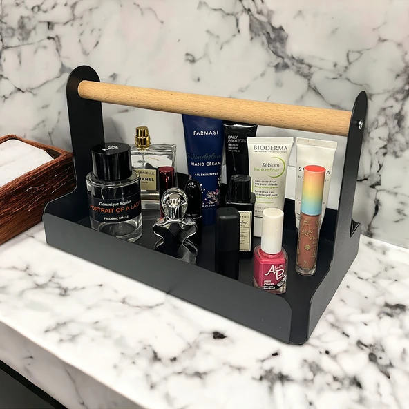 Ahşap Saplı 30x17cm Siyah Metal Servis, Sunum, Dekoratif Tepsi - 2