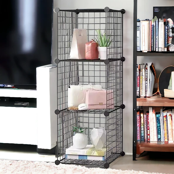 3 Bölmeli Tel Küp Çok Amaçlı Organizer Raf Siyah 33cm Mutfak, Oyuncak, Kiler, Depolama Rafı - 2