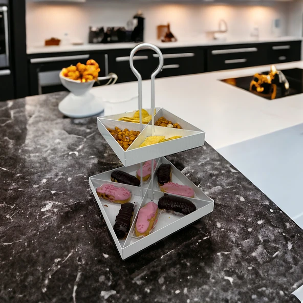 2 Katlı Dekoratif Beyaz Metal Çerezlik / Peynir Sunum Servis Tabağı - Lokumluk / Makaron, Pankek ve Tatlı Sunumu İçin