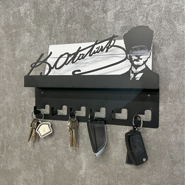 Atatürk Tasarımlı Duvar Askılı Anahtarlık ve Mektup Rafı Model-1 - Siyah - 7