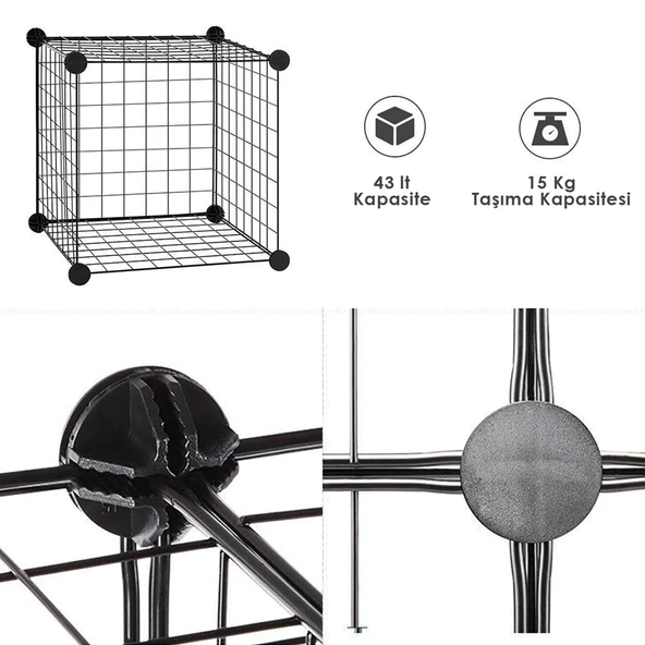 12 Bölmeli Tel Küp Çok Amaçlı Organizer Raf Siyah 33cm Mutfak, Oyuncak, Kiler, Depolama Rafı - 5