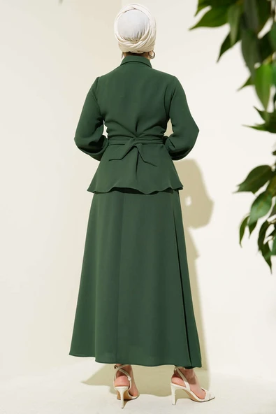 Önü Bağlamalı Gömlek Yaka Etekli İkili Takım Yeşil - Resim 3