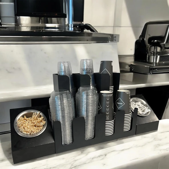 3 Ve 4 Bölmeli Karton Bardaklık + 2' li Tek yuvalı  Karistirici ve Şeker Endüstriyel Mutfak Kahve Aksesuar Düzenleyici Siyah Çok Bölmeli Kafe/Ofis Kahve Standı