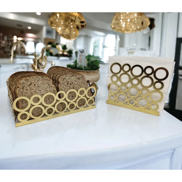 Gold Renk 2'li Set Ekmek Sepeti ve Peçetelik - 6