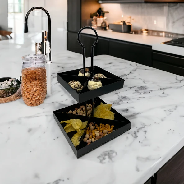 2 Katlı Dekoratif Siyah Metal Çerezlik / Peynir Sunum Servis Tabağı - Lokumluk / Makaron, Pankek ve Tatlı Sunumu İçin - 3