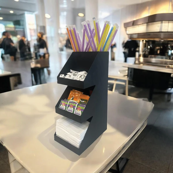 3 Katlı 5 Bölmeli Metal Pipet, Peçetelik, Şekerlik Siyah Organizer Stand Model - 3 - 9