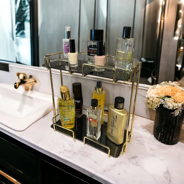 2 Katlı 28x14 Gold Banyo ve Kozmetik Düzenleyici - Çift Katlı Sunum ve Servis Tepsisi - 9