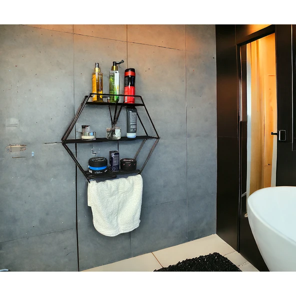 Modern Dekoratif Siyah Altıgen Duvar Rafı - 8