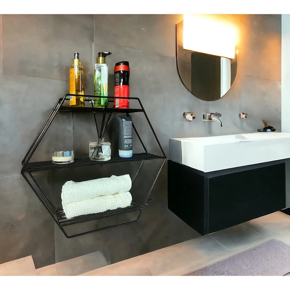 Modern Dekoratif Siyah Altıgen Duvar Rafı - 7