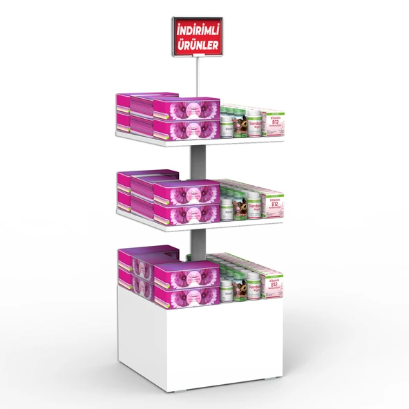 İNDİRİM 3 Raflı 50x50 Ahşap Beyaz Orta Alan Standı