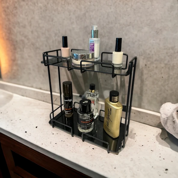 2 Katlı 28x14 Siyah Banyo ve Kozmetik Düzenleyici - Çift Katlı Sunum ve Servis Tepsisi