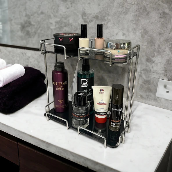 2 Katlı 28x14 Gümüş Banyo ve Kozmetik Düzenleyici - Çift Katlı Sunum ve Servis Tepsisi - 13