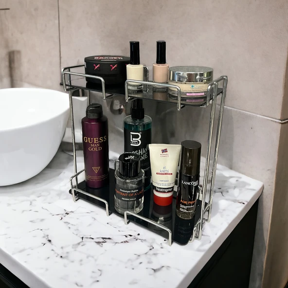 2 Katlı 28x14 Gümüş Banyo ve Kozmetik Düzenleyici - Çift Katlı Sunum ve Servis Tepsisi - 12