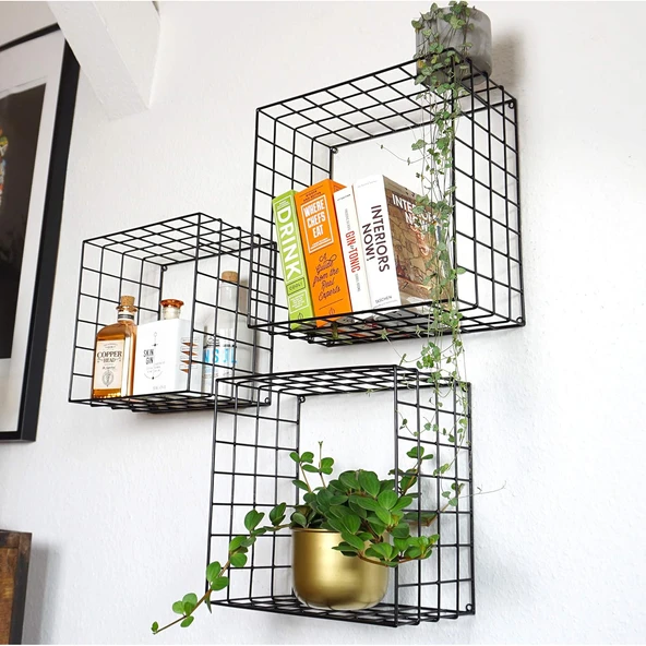 3'lü Set Siyah Tel Hasır Duvar Rafı 35/31/27 - 13