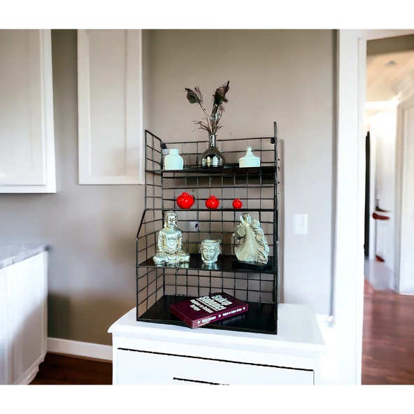 Modern Tasarım 4 Katlı Siyah Duvara Monte Dekoratif Raf - 10