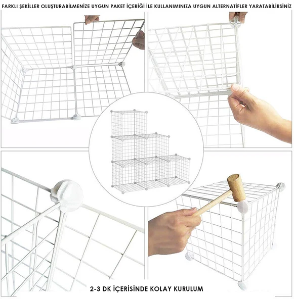 8 Bölmeli Tel Küp Çok Amaçlı Organizer Raf Beyaz 33cm Mutfak, Oyuncak, Kiler, Depolama Rafı - 7