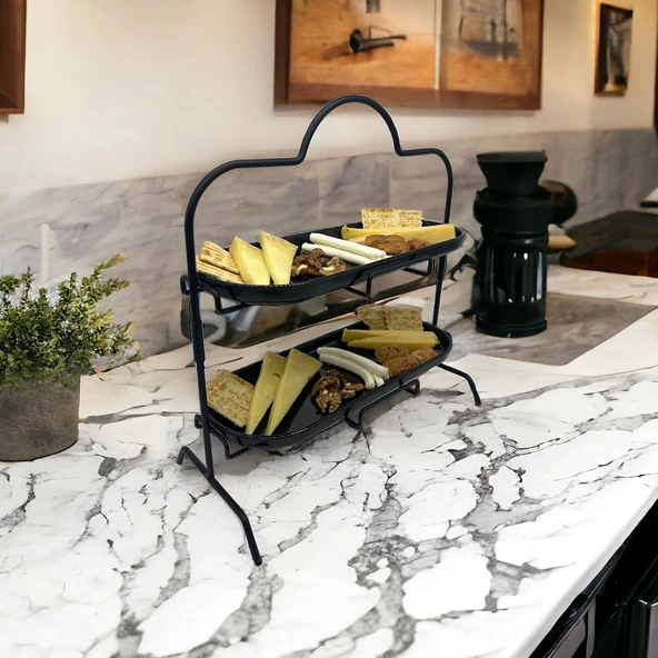 2 Katlı Siyah Melamin 13x32cm Metal Sunum Standı – İkram ve Servis İçin Model 1 Siyah - 2