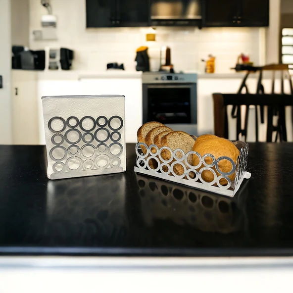 Gümüş Renk 2'li Set Ekmek Sepeti ve Peçetelik - 6