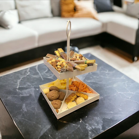 2 Katlı Dekoratif Beyaz Metal Çerezlik / Peynir Sunum Servis Tabağı - Lokumluk / Makaron, Pankek ve Tatlı Sunumu İçin - 3