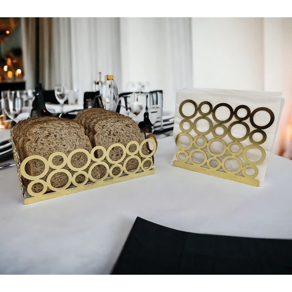 Gold Renk 2'li Set Ekmek Sepeti ve Peçetelik - 8