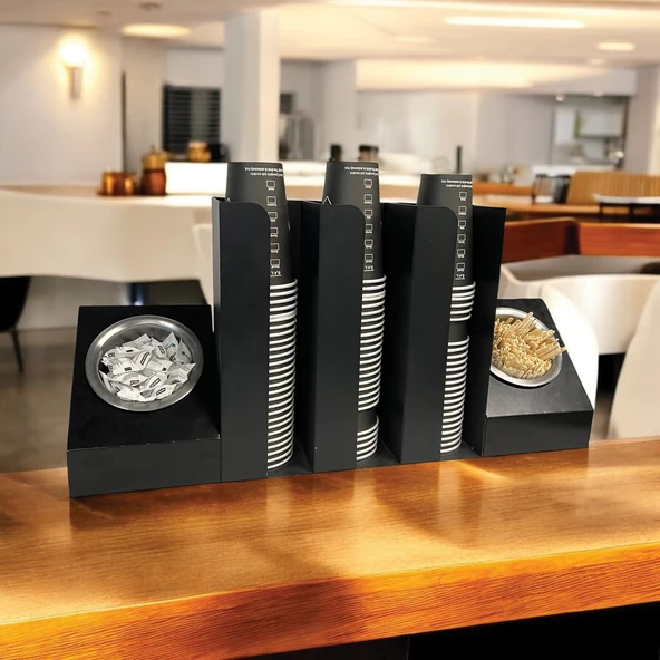 3 Bölmeli Karton Bardaklık ve 2' li Tek yuvalı Karistirici ve Şeker Endüstriyel Mutfak Kahve Aksesuar Düzenleyici Siyah Çok Bölmeli Kafe/Ofis Kahve Standı - 2