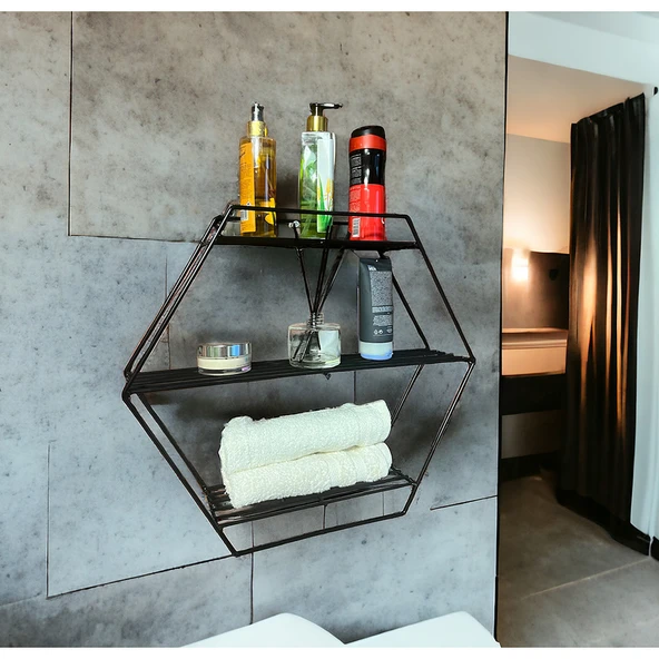 Modern Dekoratif Siyah Altıgen Duvar Rafı - 4