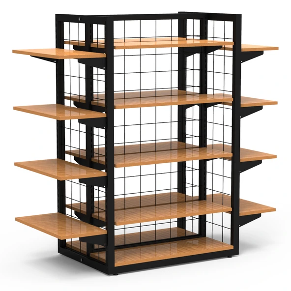 80X60 Dört Taraflı Metal Siyah Stand Bambu Raflı Ve Yan Modül Raflı Set