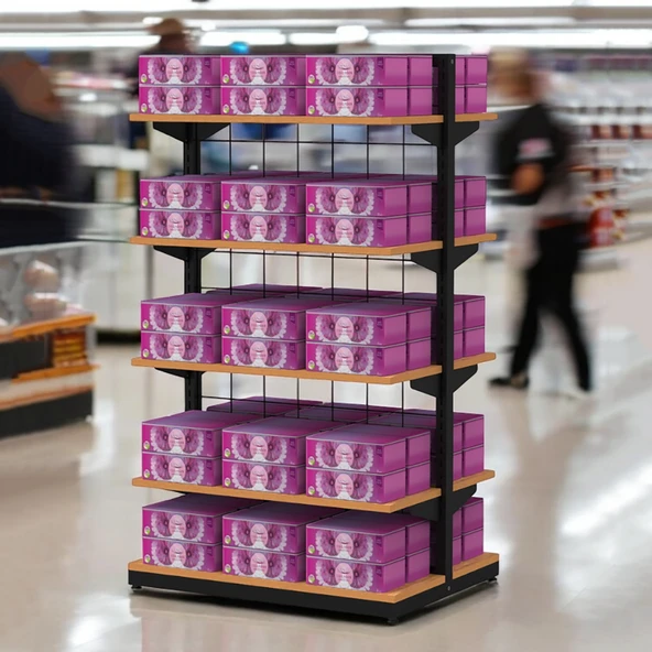 80X60 Çift Taraflı Metal Siyah Stand Bambu Raflı - 3