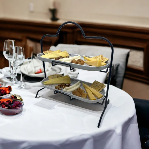 2 Katlı Beyaz Gümüş Zemin Mermer Desenli Melamin 13x32cm Metal Sunum Standı – İkram ve Servis İçin Model 1 Siyah