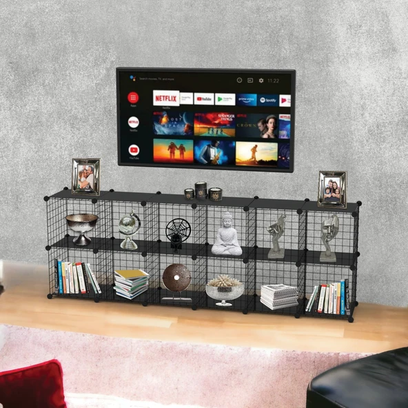 12'li Plastik Raflı Tel Küp Çok Amaçlı Organizer Raf Siyah 33cm - 9