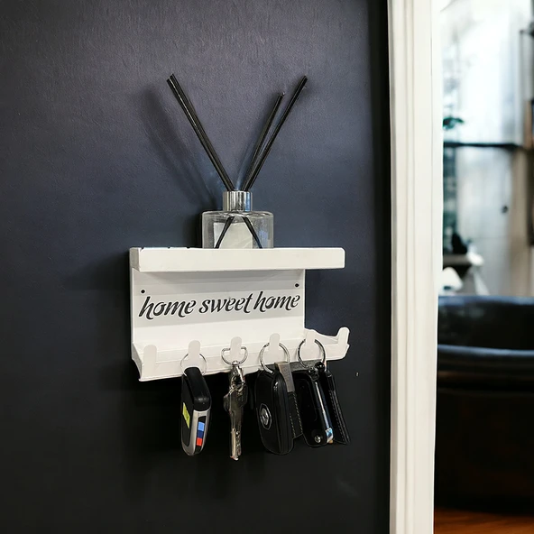 HOME SWEET HOME Duvara Monte Raflı ve 6 Kancalı Anahtarlık Askılık - Beyaz - 11