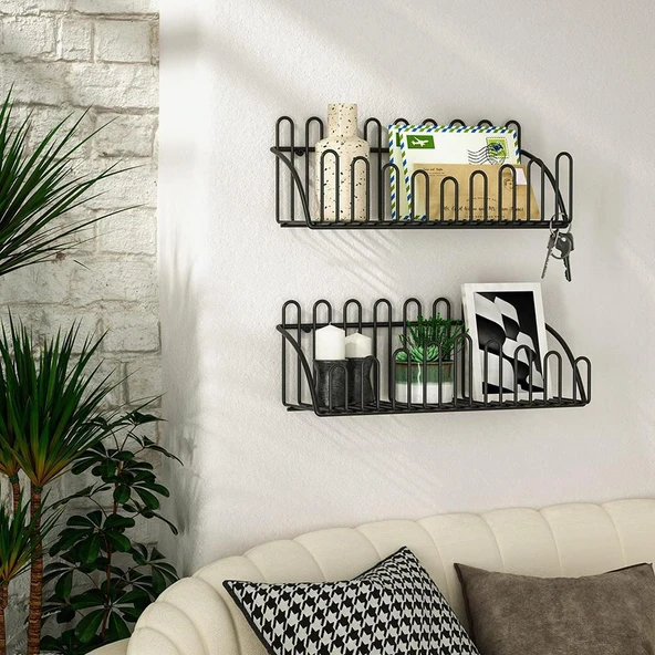 2'li Tel Raf Düzenleyici Çiçeklik Siyah Duvar Raf Seti - 3
