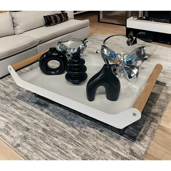 AHŞAP SAPLI 40X25 DEKORATİF METAL TEPSİ BEYAZ, SUNUM, DEKORATİF TEPSİ - 10