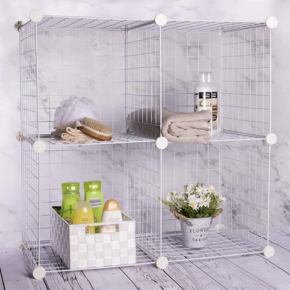 4 Bölmeli Tel Küp Çok Amaçlı Organizer Raf Beyaz 33cm Mutfak, Oyuncak, Kiler, Depolama Rafı - 4