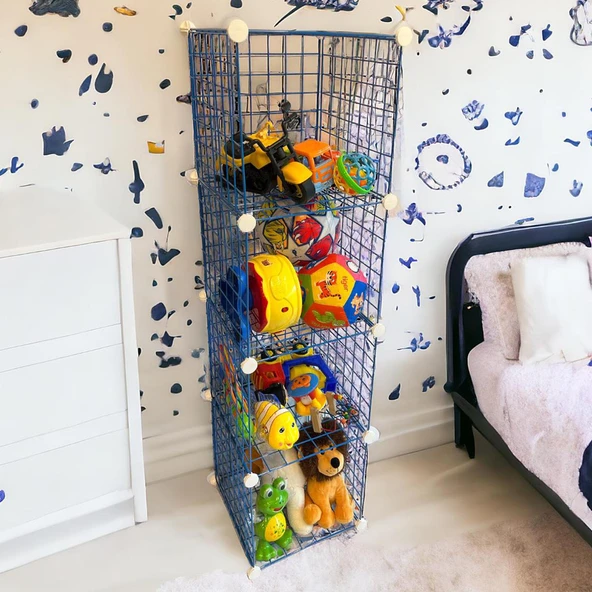 4 Bölmeli Tel Küp Çok Amaçlı Organizer Raf Mavi 33cm Mutfak, Oyuncak, Kiler, Depolama Rafı